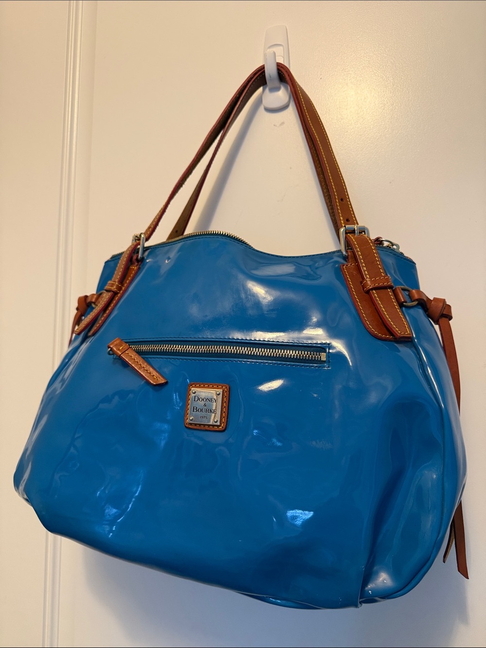 Vintage Dooney & Bourke Hobo Bright Blue Patent Shoulder Bag with Brown Trim